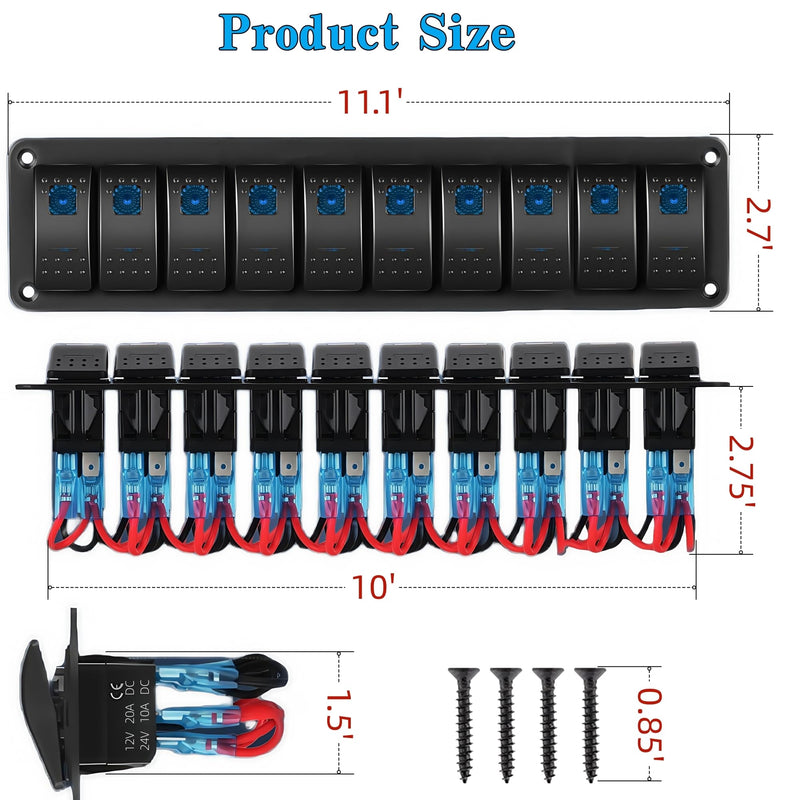 10 Gang Marine Rocker Switch Panel Waterproof, 12V 24V 5 Pin SPST Aluminum Boat Switch Control Panel LED Toggle Switch, ON Off Dash Switch Panel for Car RV ATV UTV Truck Campervan (Blue) Blue 10 Gang