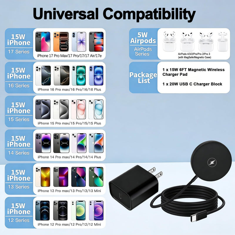 [Apple MFi Certified] iPhone Magnetic Wireless Charger 15W 6FT Mag-Safe Charging Pad with USB C Fast Wall Charger Block for iPhone 17 Pro Max/Air/16 Pro/16 Plus/15/14/13/12/AirPods Pro 3/2(Black)