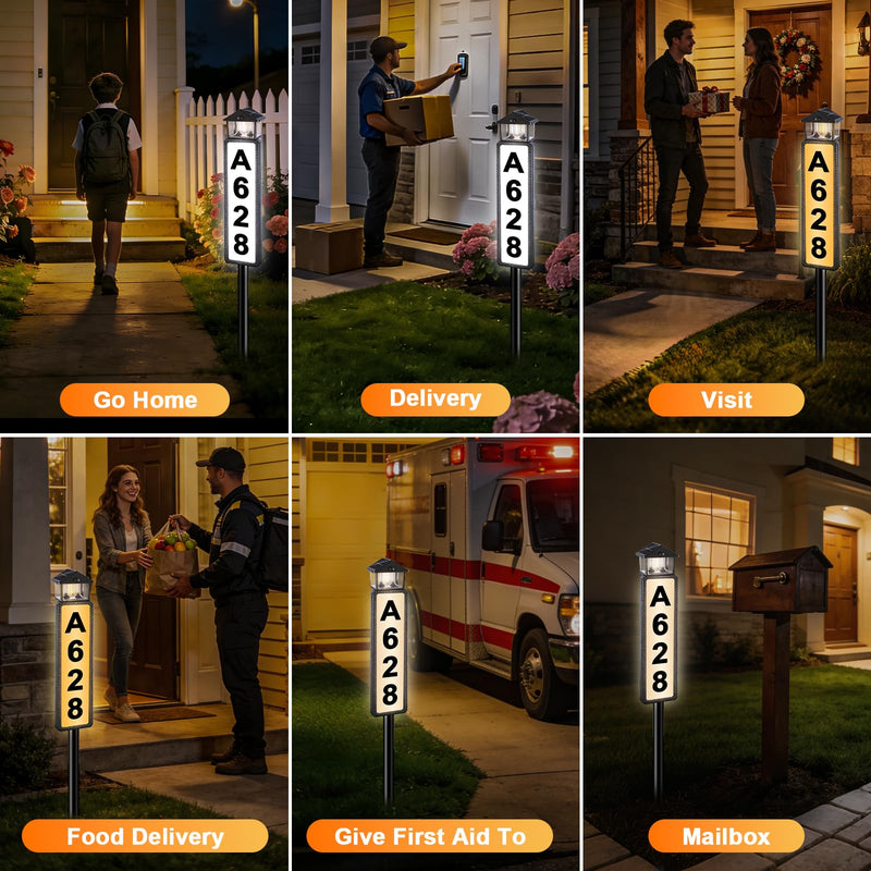 Solar Address Sign, Lighted House Numbers for Outside with Dual Solar Panels, 3 Color LED Illuminated Address Plaque Outdoor with Stake, Waterproof Solar Powered Address Numbers for House Yard Street Black