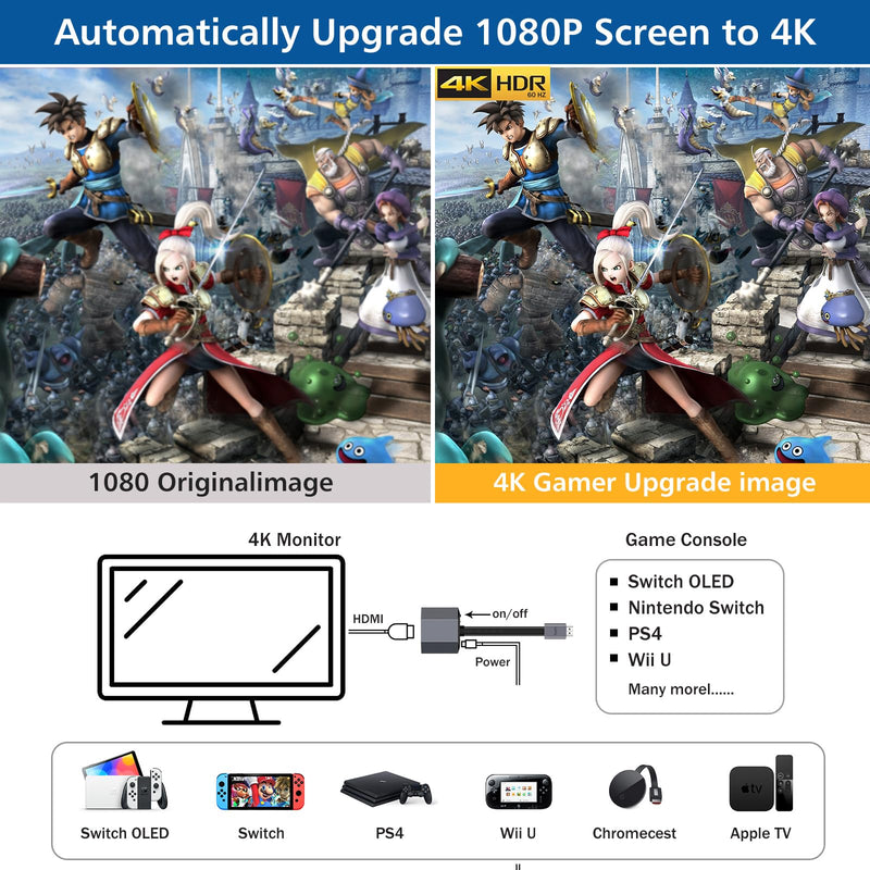 4K Gaming Upscaler & Enhancer, Convert 1080p Image Without Delay 4K@60fps | Improve Game Experience and Visual Quality,For Nintendo Switch/Xbox/Gamecube/Dreamcas/PlayStation 3/Wii U/SNES/Genesis /PS3