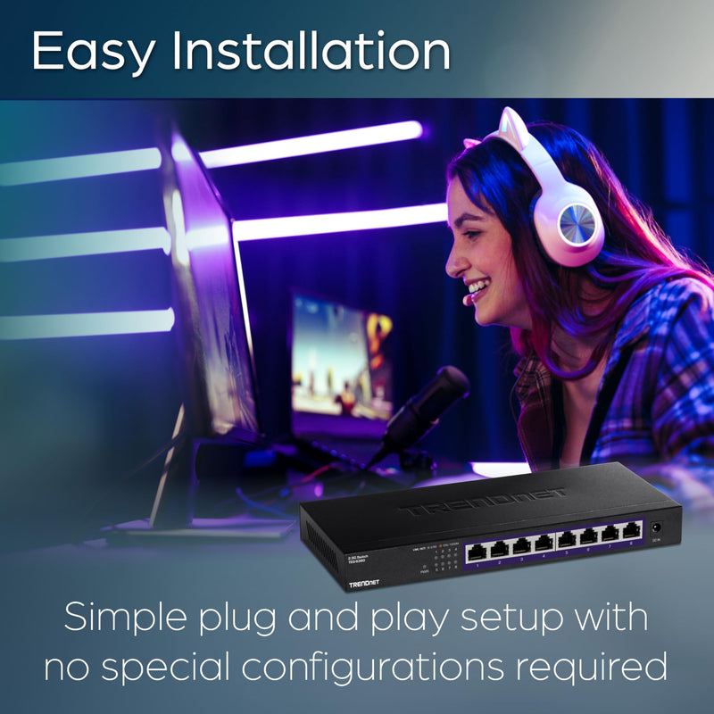 TRENDnet 8-Port 2.5Gb Multi-Gigabit Unmanaged Gaming Switch, TEG-S380, 8 x 2.5GBASE-T Ports, 25Gbps Switching Capacity, Ethernet Splitter, NDAA & TAA Compliant, Fanless, Lifetime Protection, Black 8 Port 2.5 Gigabit