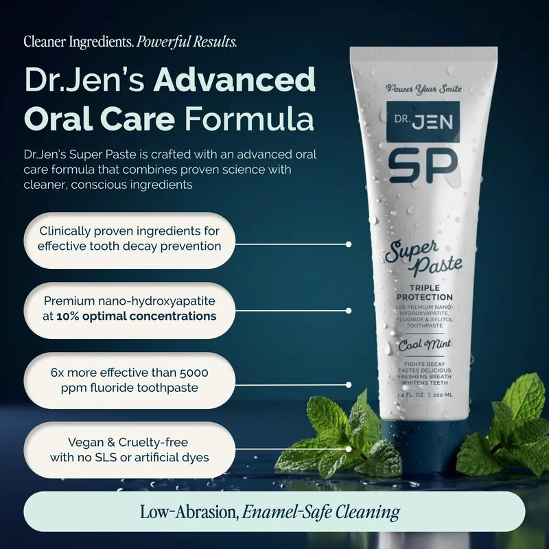 Dr. Jen Super Paste Toothpaste with 10% Premium Nano Hydroxyapatite, Fluoride, Xylitol & Glycerin for Daily Oral Care, Designed for Sensitive Teeth, Vegan, Travel Essentials, Cool Mint Flavor, 1 Pack 3.4 Ounce (Pack of 1)