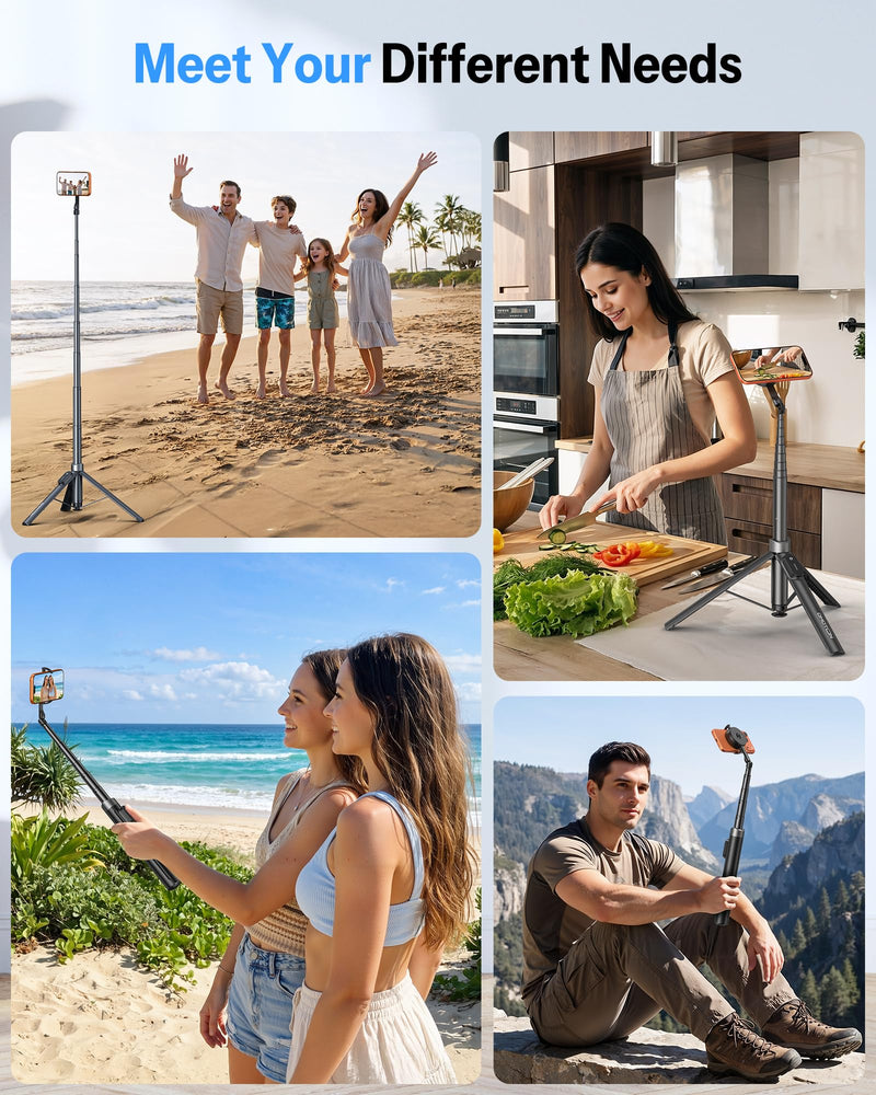 OMOTON 68" Magnetic Phone Tripod with Remote, Selfie Stick for iPhone Black | 0.01S Auto-Open, Aluminum Adjustable Height& Angle, Clip for Android, Dual-Sided Magnetic for Video Recording Travel Vlogging