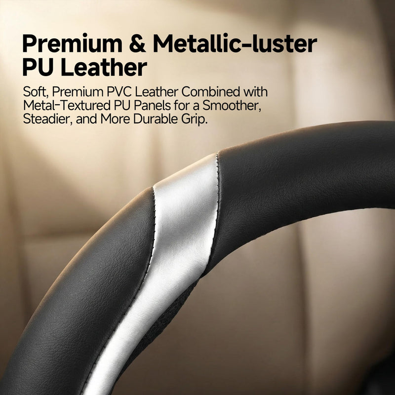 West Llama Microfiber Leather Steering Wheel Cover Customized for Toyota RAV4 2013-2026, Black+Silver 14.5-15 inch