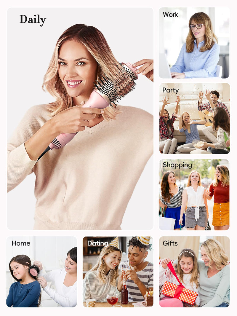  [AUSTRALIA] - LANDOT Blow Dry Hair Brush 60mm, One Step Hair Dryer & Volumiser for Smooth | Ionic Anti-Frizz Ceramic Titanium Barrel, Shine Frizz-Free Blowout, 3 Heat Settings for Long Thick Curly Hair, UK Plug Pink