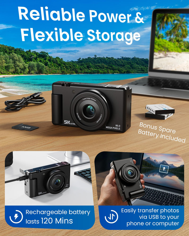 True 5K Digital Camera for Photography, Autofocus 80MP with 18X Digital Zoom, 3" 270° Flip Screen Selfie Camera for YouTube Vlogging & Content Creation, 2 Batteries, 32GB Card & Flash，Black Black