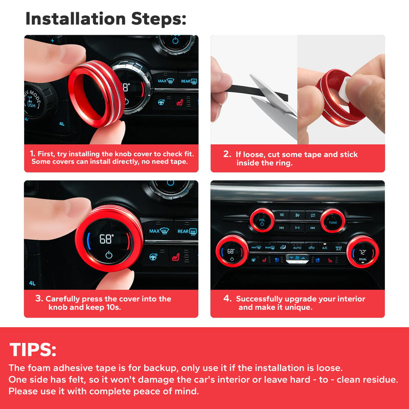 for Ford F150 Accessories 2021-2025 & Super Duty F250 F350 F450 2023-2025, 9pcs Aluminum Alloy Knob Cover Trim Set - Push Start, A/C, Vol Tune, Headlight, Pro Trailer & Drive Mode (Red) Red