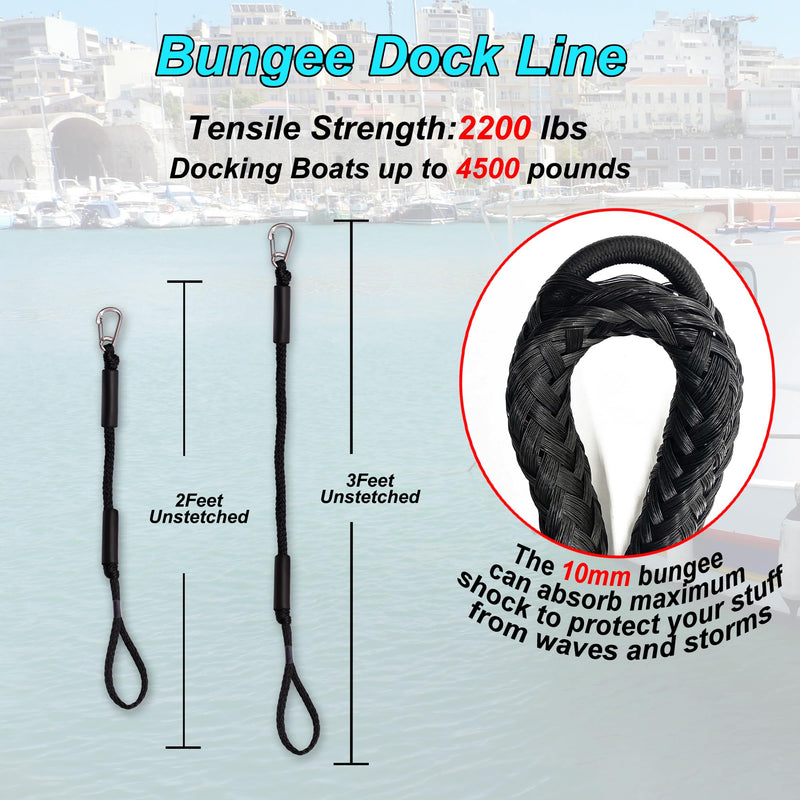 Bungee Boat Mooring Lines, 2FT,Bungee Cords with Hooks 1800LB Breaking Strength, for ATV, Boat and Pickup Truck BLACK