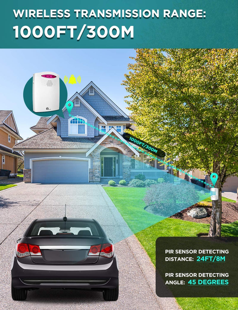 Driveway Alarm Wireless Outside, 1 BY ONE Motion Sensor Alarm 1000ft/300m Range Extra Loud Chimes Security Alarm System with 1 Receiver 2 Weatherproof Infrared Sensors Protect Indoor/Outdoor Property 1 receiver 2 PIR sensors