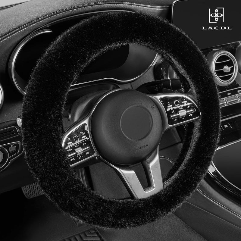 Fuzzy Winter Steering Wheel Covers for Women, Warm Cute Fluffy Car Wheel Cover for Sedan Suv, Super Soft Furry Girly Auto Plush Car Handle Cover for Cold Weather, Black, 14-15inch, Standard Size Standard Size[14"1/2-15"](37-38cm)