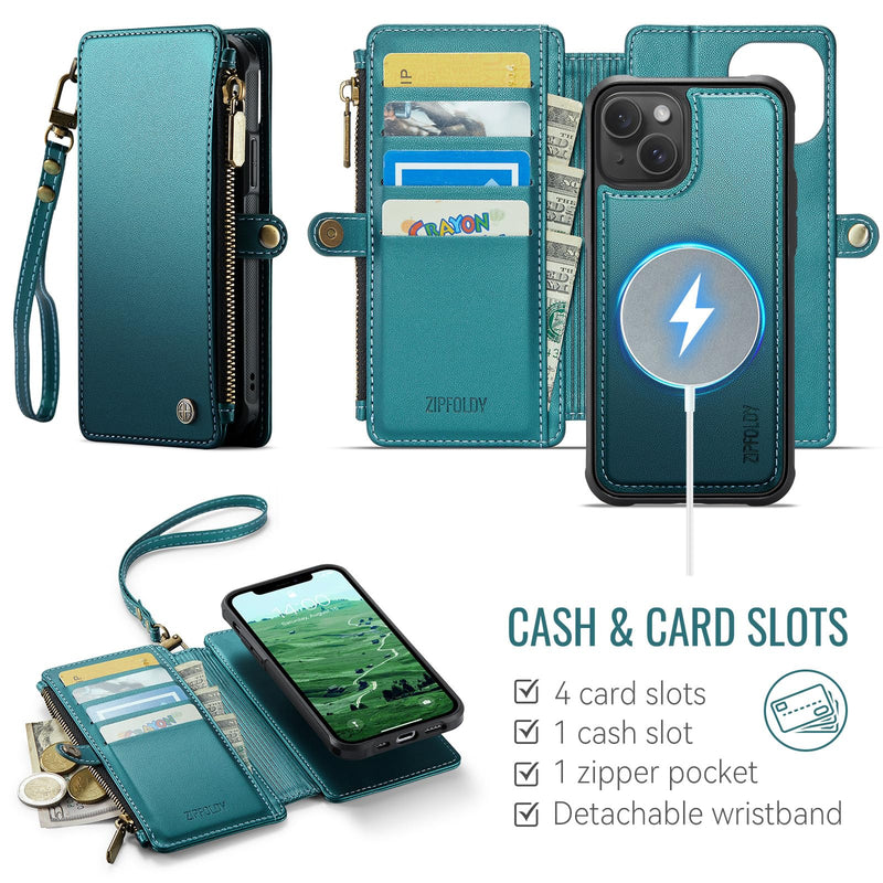 for iPhone 14 - Phone Case Wallet Magnetic Detachable, Turquoise | Compatible with Magsafe, RFID Blocking Card Holder, Zipper Pocket, Wristlet, Durable PU Leather, Magnet Flip, for Women Men