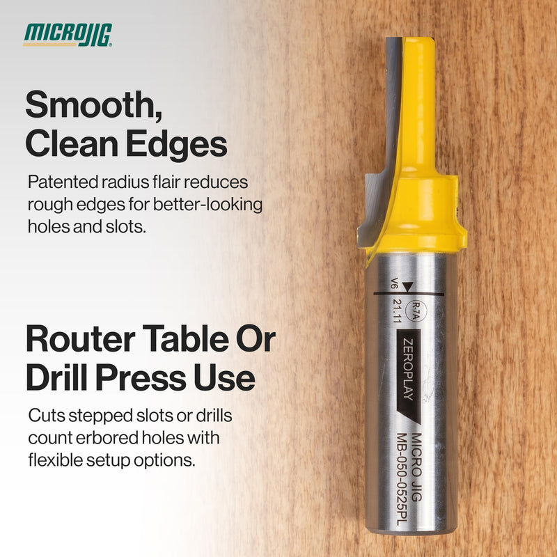 MICROJIG ZEROPLAY 2-Step Plunge Router Bit for Woodworking Jigs, Table Saw Sleds, Compatible with MatchFit and Other Hardware, Carbide Tipped, 1/2" Shank, MB-050-0525PL