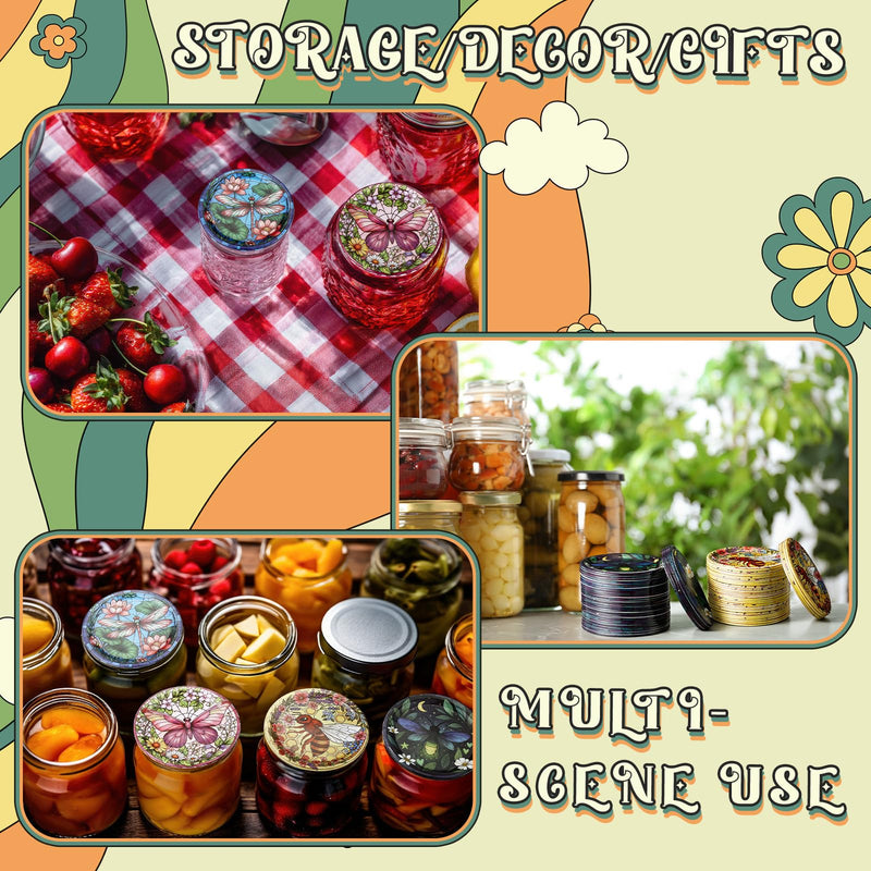 120 Pack Regular Mouth Canning Lids, 4 Style 2.75'' Decorative Mason Jar Lids Rust-Resistant Tinplate Lid for Food Jam Fruits Storage Canning Supplies (Stained Glass Style) 120 Stained Glass Style