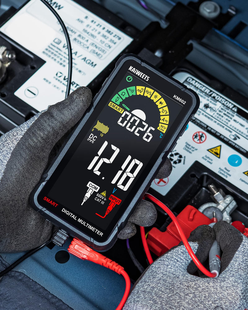 KAIWEETS Smart Multimeter Rechargeable Electrical Tester with Auto Ranging Digital Voltmeter Measures Voltage Current Resistance Continuity Capacitance Temperature Frequency NCV 6000 Counts TRMS Black KM602 Full-Screen Smart Multimeter