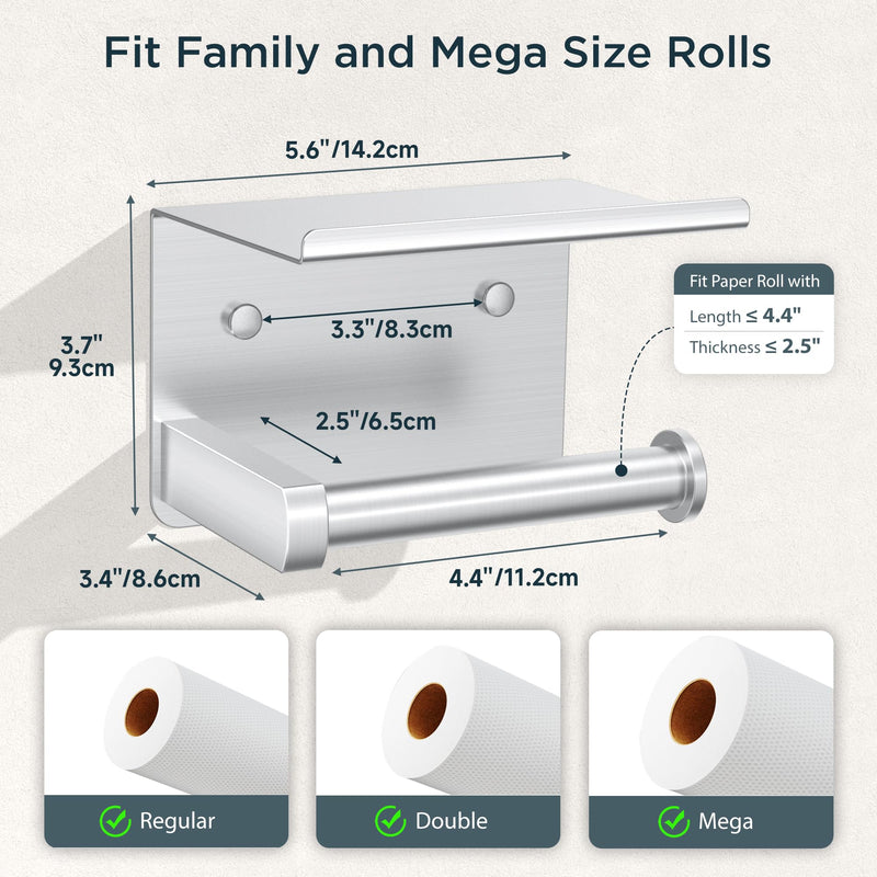 FORIOUS Toilet Paper Holder with Shelf, Adhesive or Screw Wall Mount Toilet Roll Holder for Bathroom, Rustproof 304 Stainless Steel Commercial Toilet Tissue Holder with Storage, Brushed Nickel 1