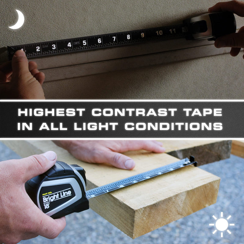 Perfect Measuring Tape - BrightLine High Contrast Dark Mode Easy Read Tape Measure for Low Light Visibility - Heavy Duty Rubber Case 18ft (Inch Fractions) Dual Sided Auto Lock Tape Measure Retractable Black