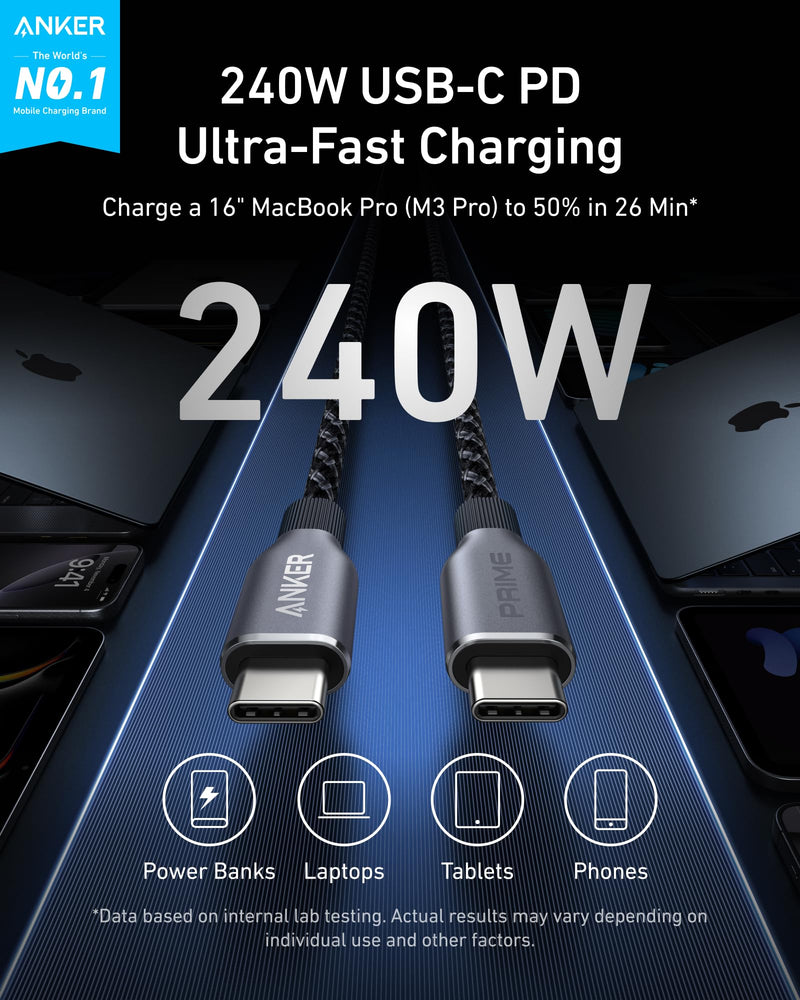 Anker Prime USB C to USB C Cable, 240W Fast Charging Cable (6 FT) | Upcycled braided nylon USB 2.0 cable with 100-year bend durability for iPhone 17/17 Pro/17 Pro Max, MacBook, Galaxy S24 6FT