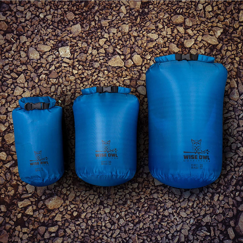 Wise Owl Outfitters Waterproof Dry Bag 3-Pack – Lightweight & Airtight 5L/10L/20L Small & Large Dry Bags for Kayaking, Beach, Travel, Boating, Hiking Blue