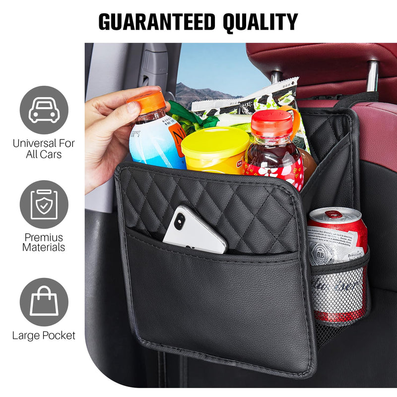 LXUNYI Car Organizer Back Seat, 2 Pack Waterproof Pu Leather Car Seat Storage Bag Large Foldable Universal Hanging Car Seat Back Organizer for Kids & Adults with Cup Holders Car Travel Accessories Black 2Pack Large