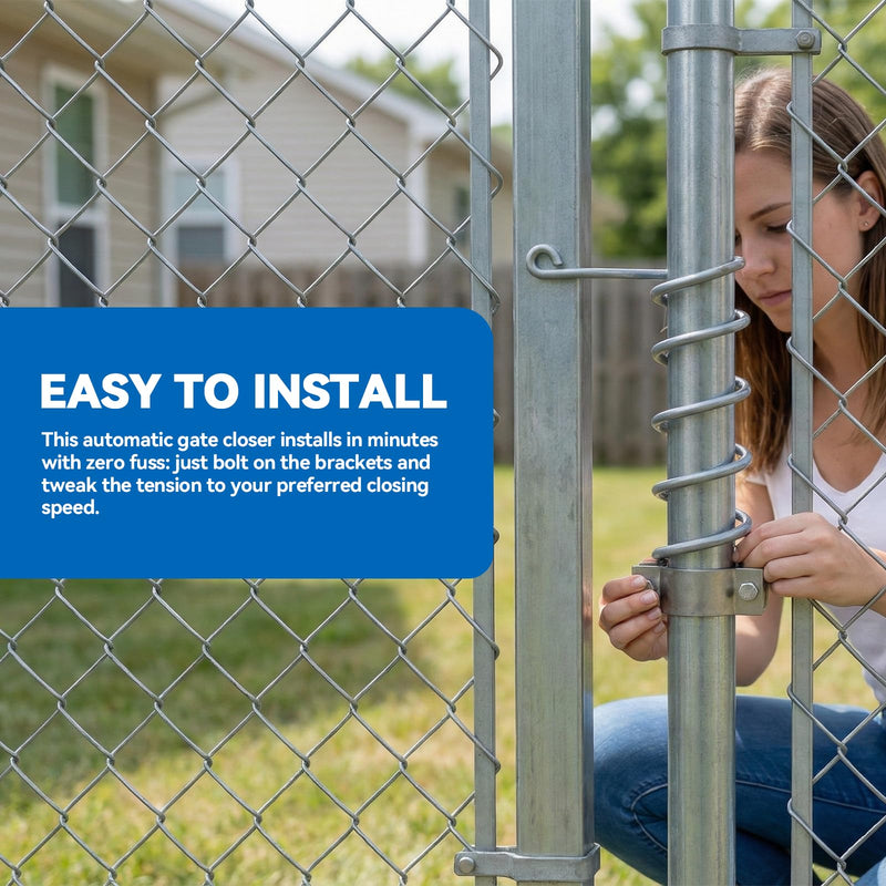 Automatic Chain Link Self Closing gate Closer. Adjustable Closing Tension, for 1-1/4" to 1-5/8" Diameter Door Frame Tubes，Works Great for Pool and Dog Gates or Any Chainlink gate