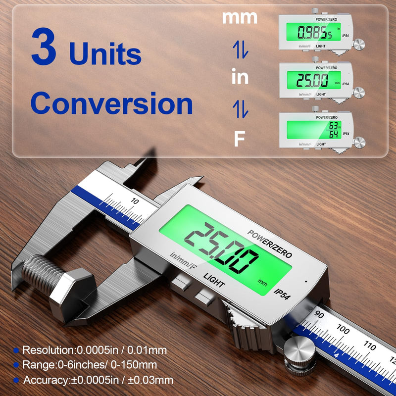 Preciva Backlight Digital Caliper, 6 Inch Rechargeable Electronic Micrometer with IP54 Waterproof and Large LCD Screen Conversions for in/MM/F Precision Measuring Tool for DIY/Professional Use