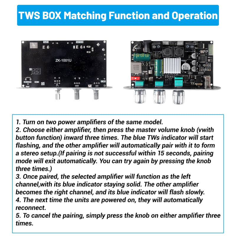 ZK-1001U Mono Amplifier Board with TWS Boost Circuit Treble Bass, 100W Power Output Mini Audio Amp for Home Outdoor DIY Speakers 9-24V Input Supports USB/AUX/Bluetooth