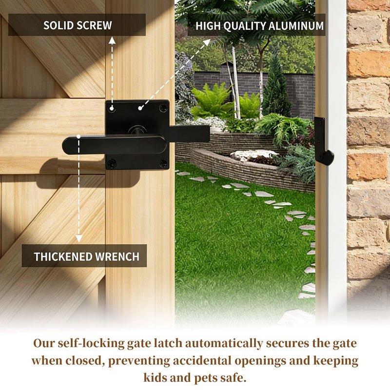 Double Sided Gate Latch Aluminum, Heavy Duty Black Fence Gate Latch with Handles, Rust Proof Surface Mount Lock for Left Right Inswing Wooden Gates, Backyard Garden Shed (Left)