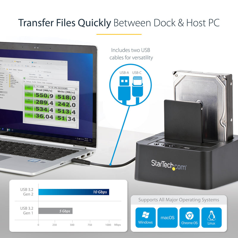 StarTech.com Standalone Hard Drive Duplicator, External Dual Bay HDD/SSD Cloner/Copier, USB to SATA III Docking Station USB 3.1 (10 Gbps)