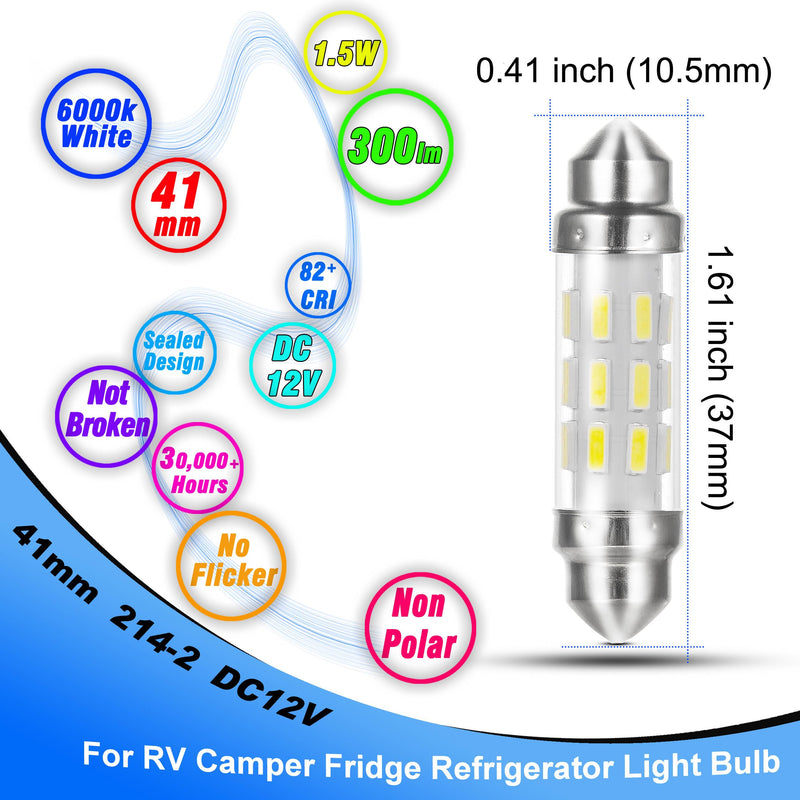 41mm/1.6" 214-2 RV Refrigerator Light Bulb DC 12V Super White Replacement LED Festoon Bulbs for Trailer Camper Motorhome Concession Stands Food Trucks RV Fridge Refrigerator Interior Light Bulb,2 Pack 6000K Daylight White