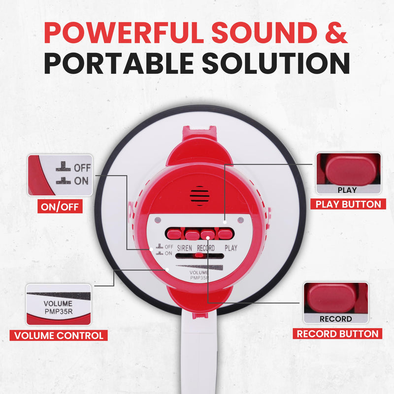 Pyle 30W Megaphone Bullhorn with Built-in Siren, Voice Recorder, and 1700-Yard Range, Featuring Adjustable Volume Control, Ergonomic Pistol Grip, and Convenient Folding Handle for Indoor/Outdoor Use