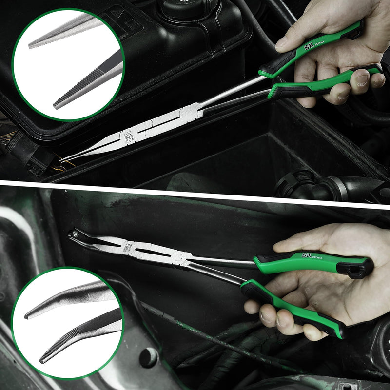 SK 2-Piece Double Compound Long Reach Pliers Set, 13-Inch Straight Long Nose Pliers, 45° Bent Nose, with Comfort Grips, Premium CR-V Steel Construction