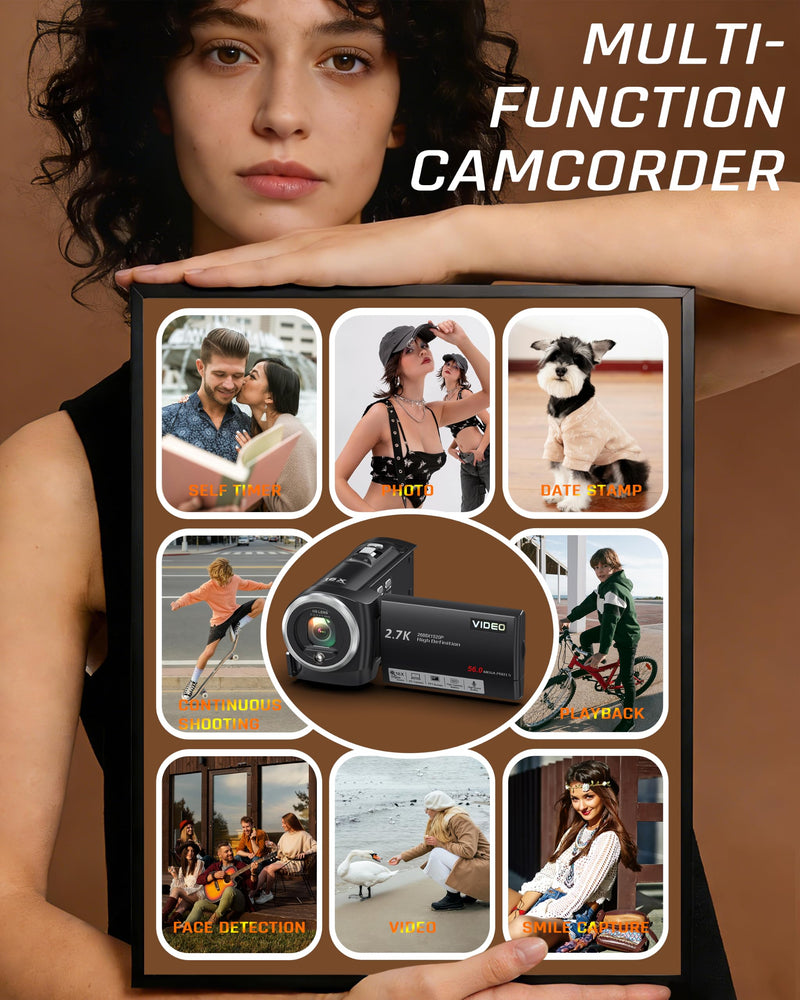 Video Camera Camcorder, QHD 2.7K 56MP 16X Digital Zoom Vlogging Camera | 2.8" 270° Rotatable Screen Camcorder, Built-in LED Fill Light Camcorder for YouTube with 32GB Card and Two Batteries