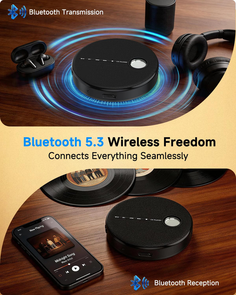 Portable Bluetooth CD Player with Anti-Skip, Stereo Speakers & Headphones | A-B Repeat, PROG Memory, 10 Playback Speeds, AUX input, Small Personal Walkman CD Players for Home, Car & Travel, Ideal Gifts