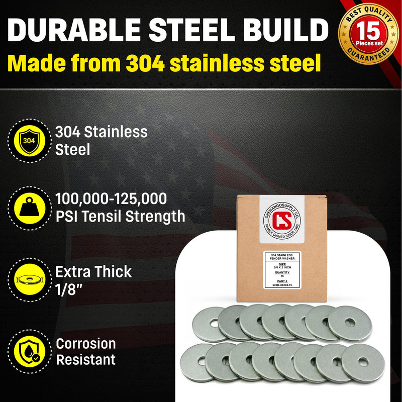 Stainless Fender Washers - Extra Thick ID 2" OD 1/8" Thick, 18-8 Stainless Steel, (3/8" x 2" 15 Pack) 3/8" x 2" 15 Pack