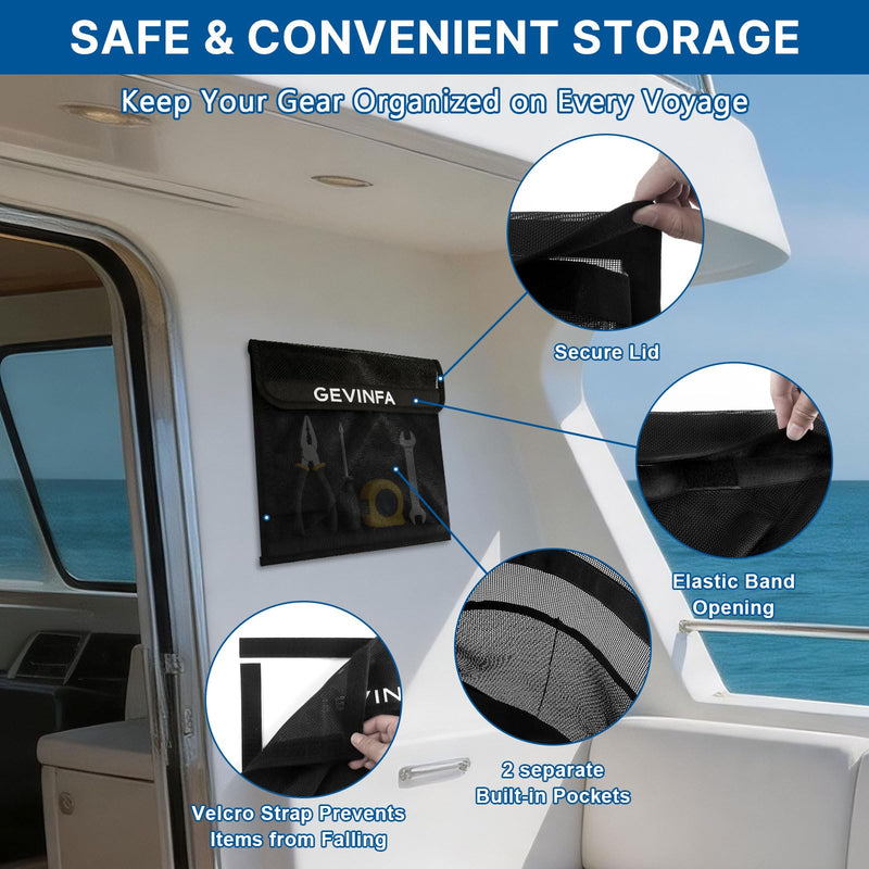 Boat Storage Mesh Bag, 13.7x10.63 Self-Adhesive Organizer with Secure Lid, 4 Heavy Duty Hook Pads and Velcro Back, Breathable Net Pockets for Boat Cabin Accessories, RVs and Home(1 PCS) Black-1 PCS