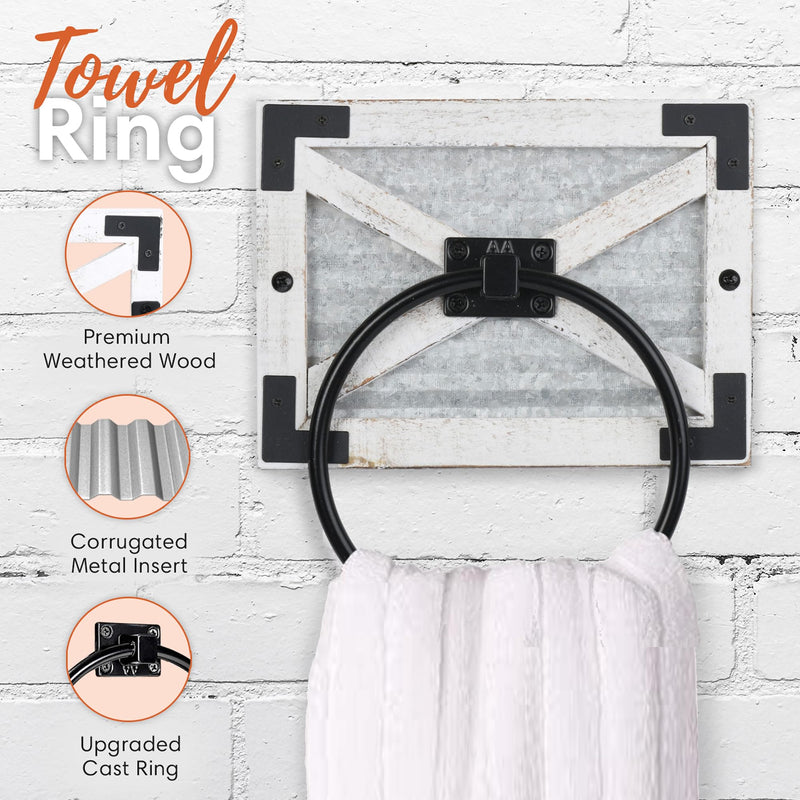 Autumn Alley Farmhouse Toilet Paper Holder and Towel Ring Holder with Bracket, Wall Mount, 2 Set - Farmhouse Toilet Paper Holder and Bathroom Hand Towel Holder Wooden Decor, White