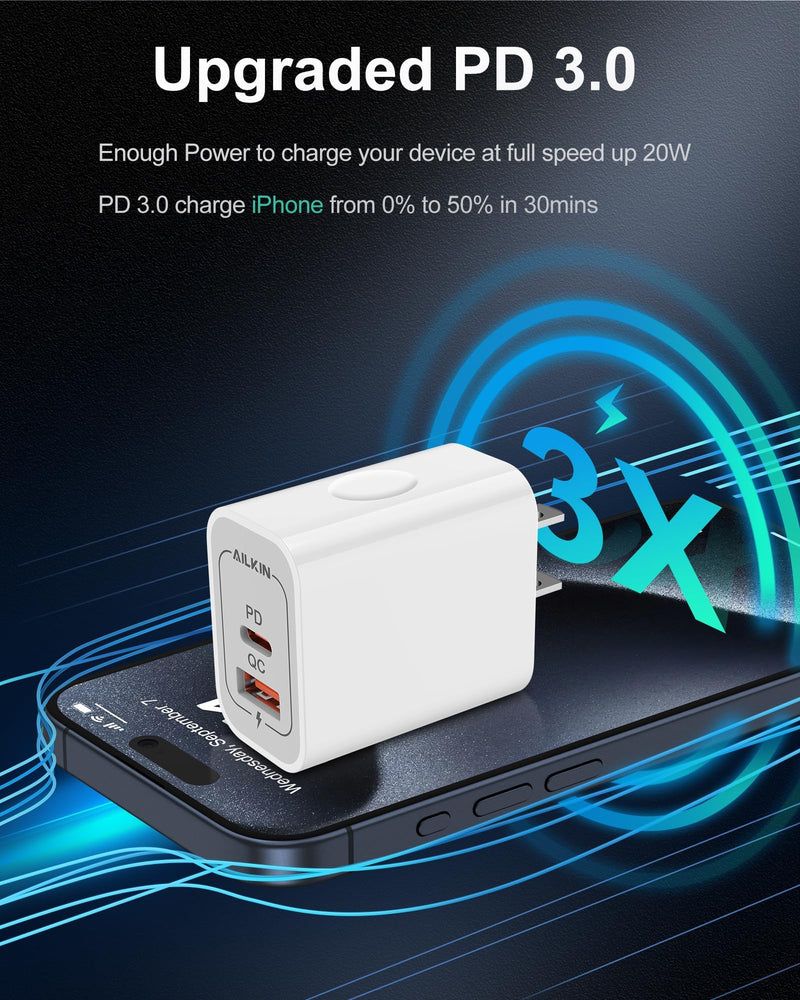 USB-C Charger Block 20W Dual Port with USB-A and USB-C, 2 Pack | Fast Charging Box, Dual Port Phone Plug, Multi Pack, 20W Power Adapter, USBA & USBC Cube Wall Outlet for Apple iPhone Android USB A & USB C