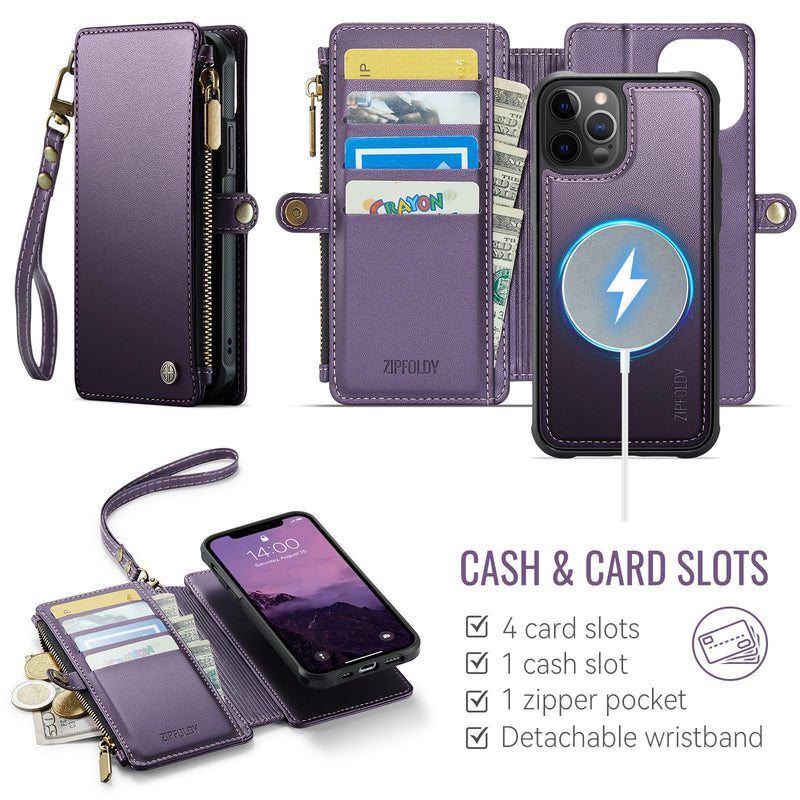 for iPhone 13 Pro Max - Phone Case Wallet Magnetic, Purple | Compatible with Magsafe, Detachable, RFID Blocking Card Holder, Zipper Pocket, Wrist Strap, for Women Men, Durable PU Leather Deep Purple