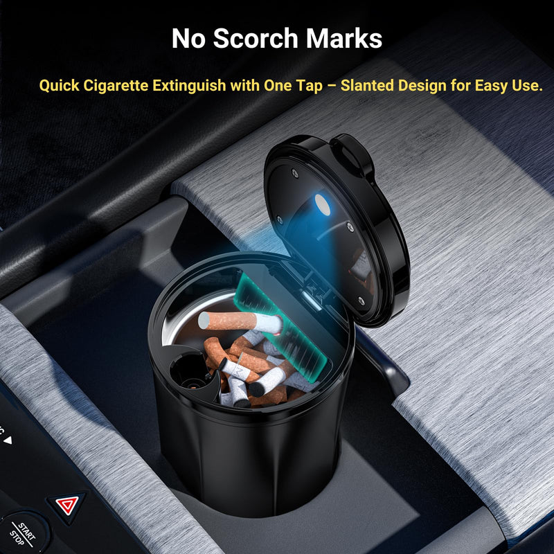 Smokeless Ashtray for Car - Stainless Steel Inner Liner, Portable Cup Holder Ashtray with Lid, Odor-Proof & LED Light, Multifunctional Desktop Bin for Cigarettes, Snack Waste, Office, Home
