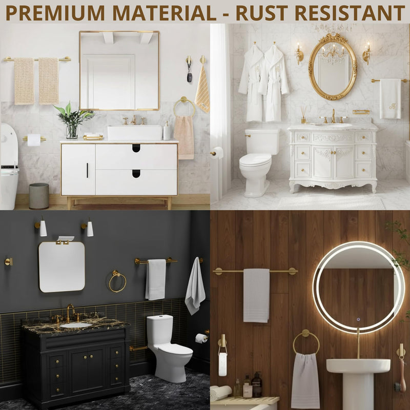 Brushed Gold Bathroom Hardware Set, 6 Piece Gold Bathroom Accessories Set, 24 Inch Towel Bar, SUS304 Stainless Steel, Towel Ring, Hooks, Toilet Paper Holder, Gold Towel Rack