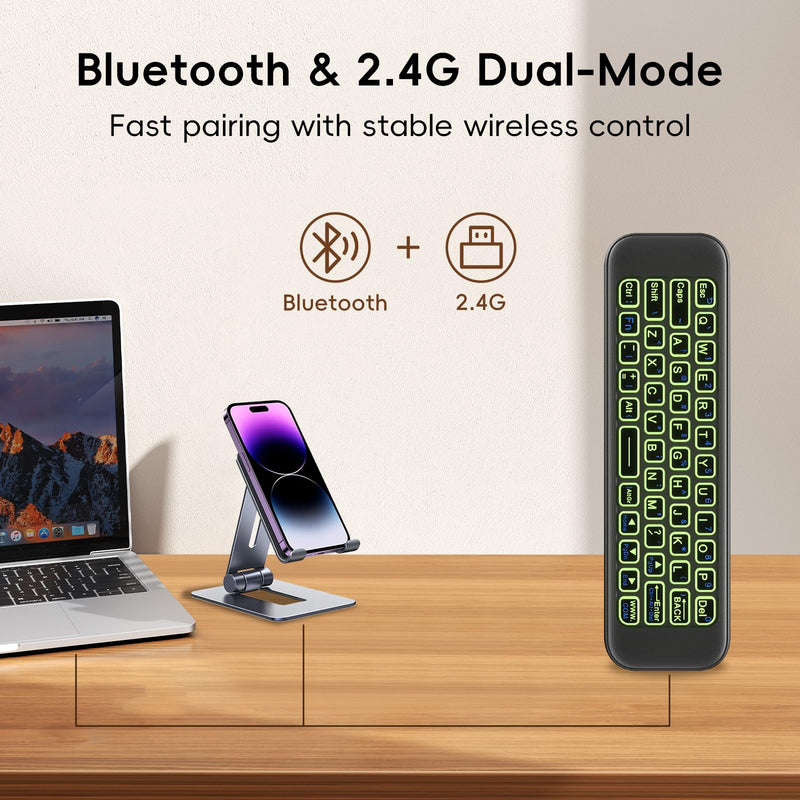Mini Wireless Keyboard Remote, Bluetooth & 2.4G Air Mouse | 7-Color Backlit Keys • USB-C Rechargeable • QWERTY Keyboard • Android TV, Smart TV, HTPC & Projector Compatible