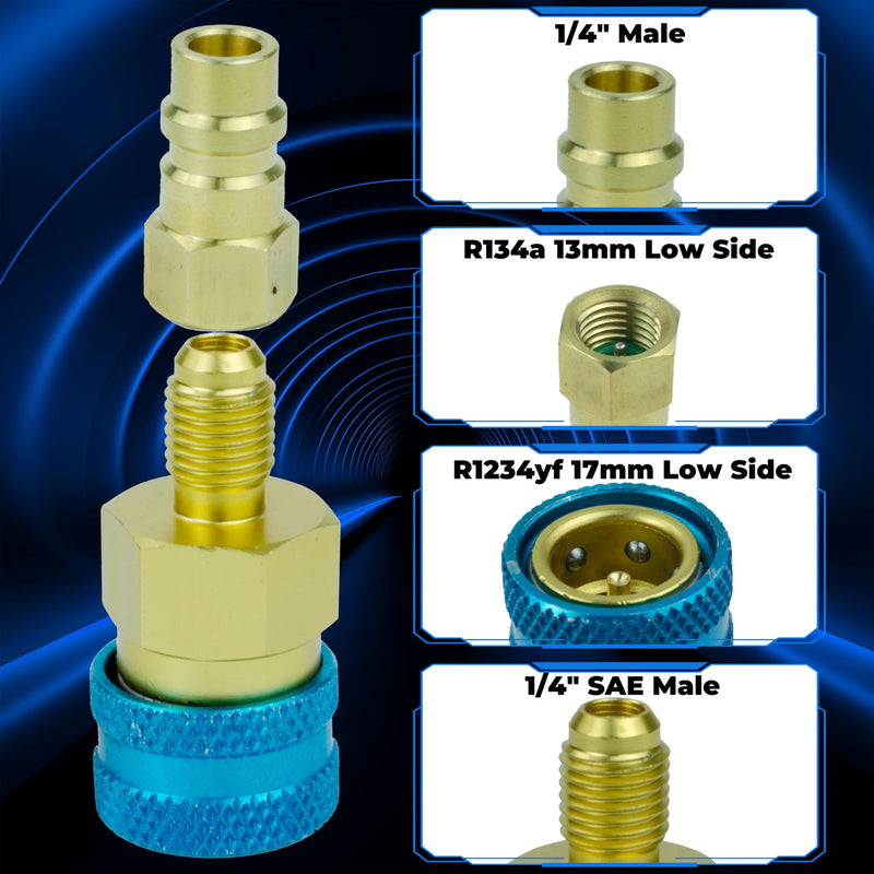 R134a to R1234yf Quick Coupler Adapter, Car Refrigerant Adapter Kit, High and Low Pressure Fittings for Evacuation and Recharging of R1234yf Automotive Air Conditioning Systems, Set of 2