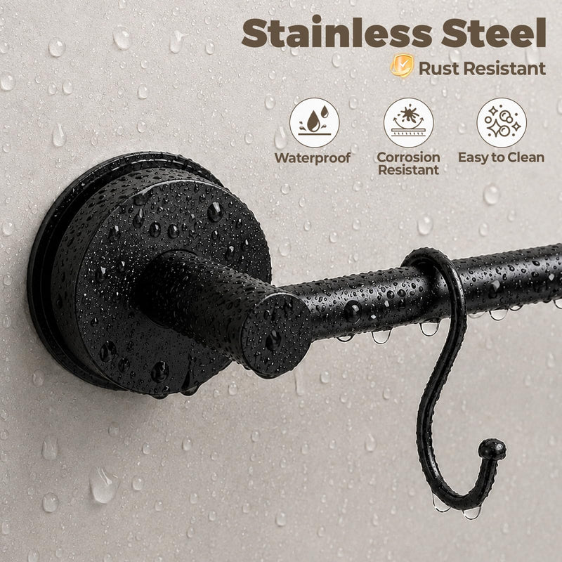 Adjustable Suction Cup Towel Bar – Towel Racks for Bathroom, 13.6-25 Inch, 2 Pack Stainless Steel Bathroom Towel Holder with 8 S Hooks, No Drill for Kitchen, Shower & Smooth Surfaces – Black