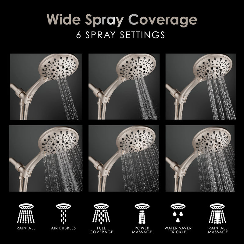 Aquarius Handheld Brushed Nickel Shower Head With Hose (Extra Long) Luxury Spa Grade High Pressure Hand Held Showerhead With 6 Spray Settings - Adjustable Brass Ball Holder & Teflon Tape Standard 2.5 GPM