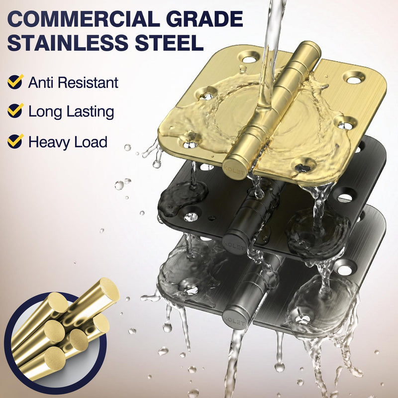 KOLET Ball Bearing Gold Door Hinges, 3.5 Inches Brushed Gold Door Hinges, 5/8'' Radius Corner Heavy Duty Stainless Steel Hinges, Smooth and Quiet, Non Removable Pin, Brushed Gold, 3 Pack