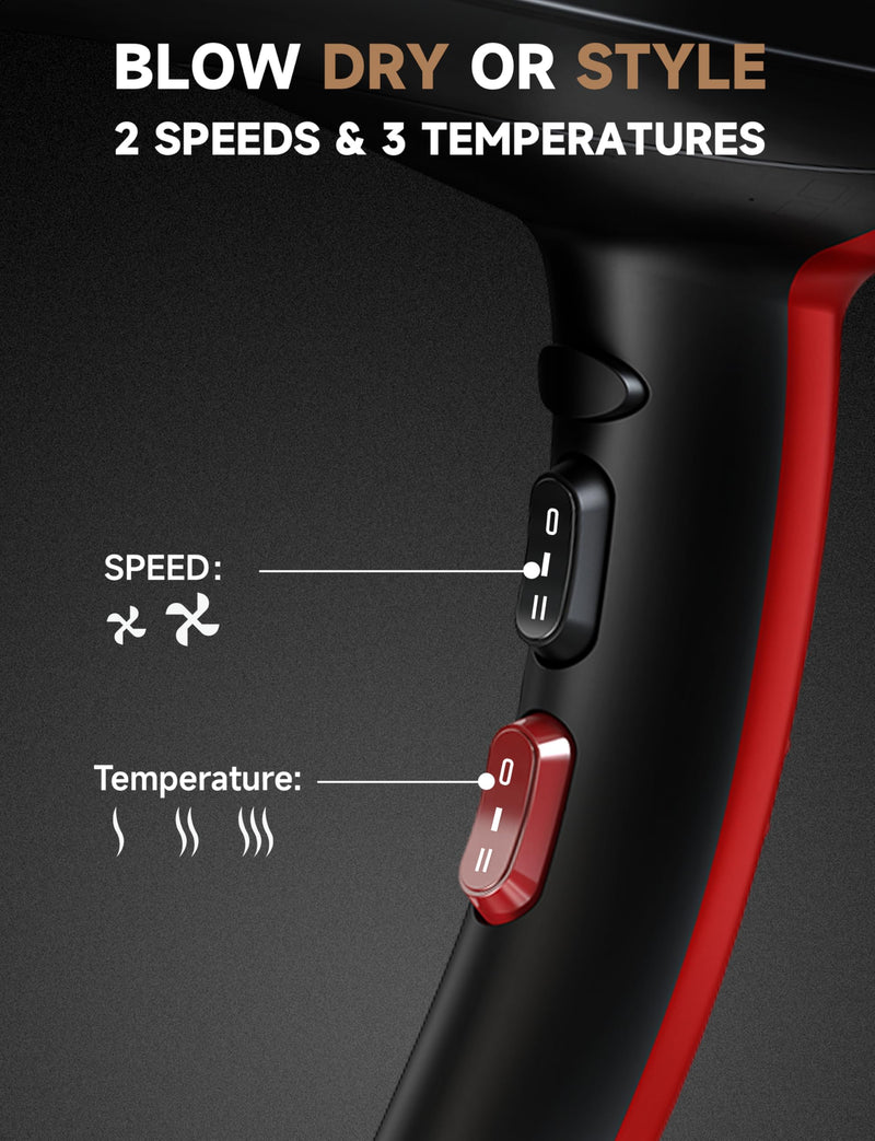 Professional Hair Dryer 2400W Powerful AC Motor Negative Blue Ionic Hairdryer with 1 Diffuser & 2 Concentrator,2 Speed 3 Heat Setting, Cool Shot Button for Women Men Home Salon (Black-RED) Black-red