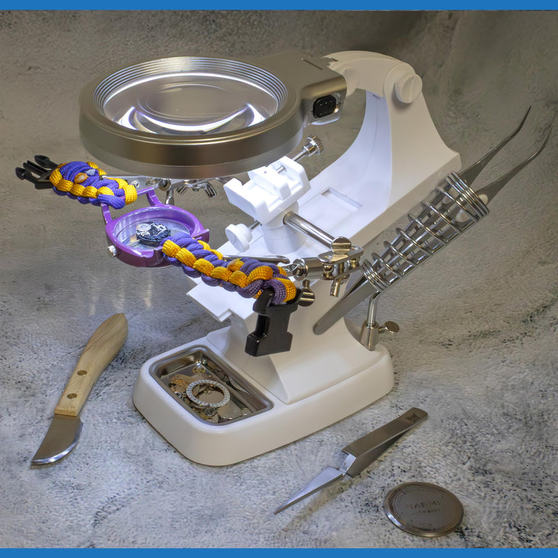 The Beadsmith Third Hand Magnifier – 3.0X Lens w/ 4.5X Inset Lens, 10 LED Lights, Fully Adjustable, Includes Alligator Clips, Tool Holder, & Removable Metal Tray