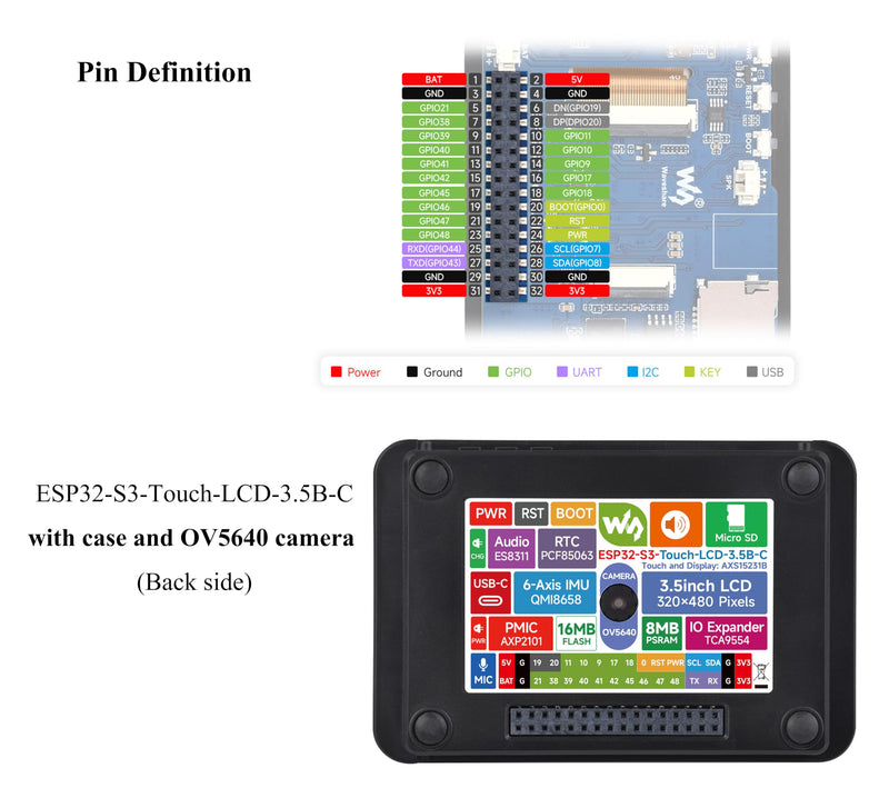 ESP32-S3 3.5inch Capacitive Touch Display Development Board, IPS LCD 320×480, QSPI and I2C, Support AI Speech Interaction,Enabling AI Interaction and Offline Voice Control, with Case + OV5640 Camera