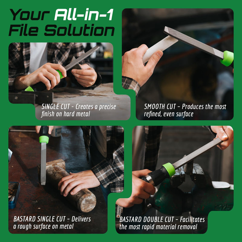 Slida File 4-in-1 Metal File Tool – Bastard, Smooth, Double & Second Cut | Sharpens knives, deburrs metal, shapes plastic & aluminum, removes rust — quick-swap grades, fits most toolboxes Black-green