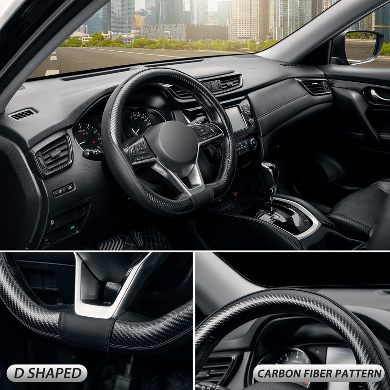 SEG Direct Flat Bottom Steering Wheel Cover Carbon Fiber, D Shaped Car Wheel Cover 14 1/2-15 in. (37-39 cm), Black Microfiber Leather with Carbon Fiber Pattern 2. Black with Carbon Fiber Standard size[14 1/2''-15'']
